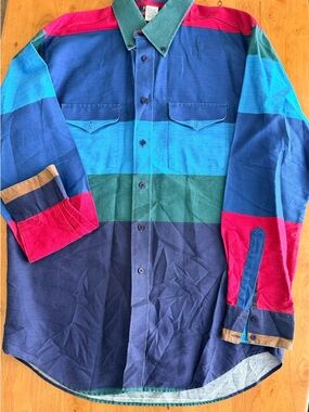 Ruddock Brothers Colorblock Striped Button-Up Shirt in Navy, Teal & Magenta